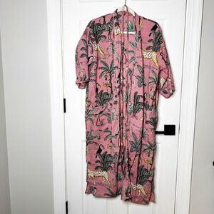 Amranis 100% Cotton Kimono Robe‎ Leopard Print Tropical Pink Boho